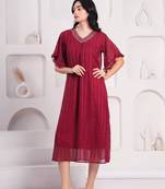 Women georgette fabric maroon color v neck calf length half sleeve dress