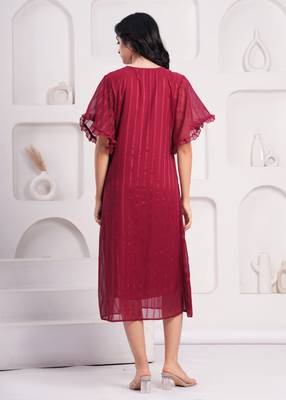 Women georgette fabric maroon color v neck calf length half sleeve dress 2