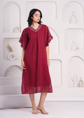 Women georgette fabric maroon color v neck calf length half sleeve dress 3