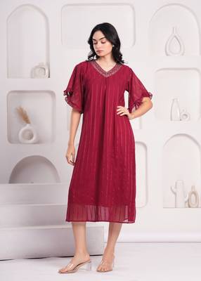 Women georgette fabric maroon color v neck calf length half sleeve dress 4