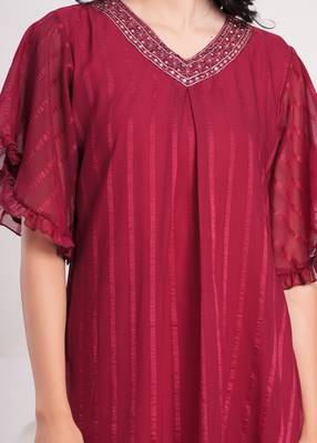 Women georgette fabric maroon color v neck calf length half sleeve dress 5