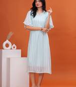 Women georgette fabric skyblue color v neck calf length half sleeve dress