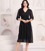 Women georgette fabric black color v neck calf length half sleeve dress
