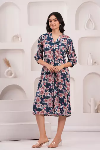 Women crepe fabric blue color mandrian neck below knee length 3/4 sleeve dress