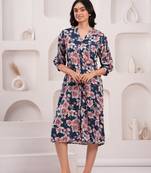 Women crepe fabric blue color mandrian neck below knee length 3/4 sleeve dress