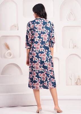 Women crepe fabric blue color mandrian neck below knee length 3/4 sleeve dress 2