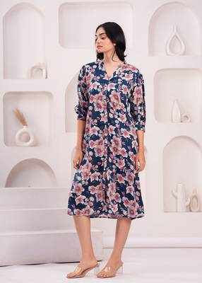 Women crepe fabric blue color mandrian neck below knee length 3/4 sleeve dress 4