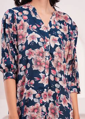Women crepe fabric blue color mandrian neck below knee length 3/4 sleeve dress 5