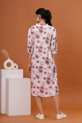 Women crepe fabric white color mandrian neck below knee length 3/4 sleeve dress
