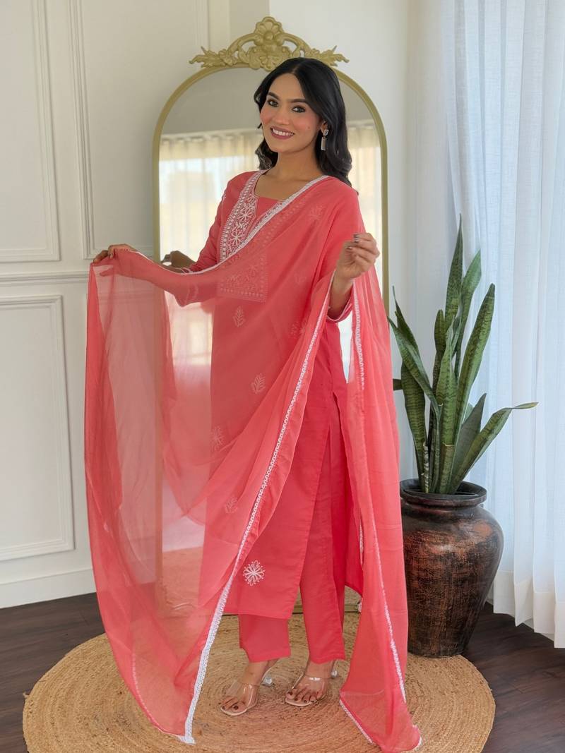 Women's Pure Cotton Fabric Straight Kurta, Pant and Dupatta Set