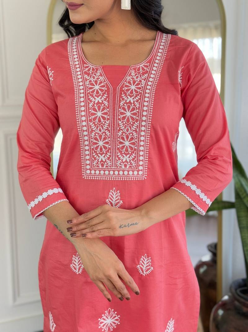 Women's Pure Cotton Fabric Straight Kurta, Pant and Dupatta Set