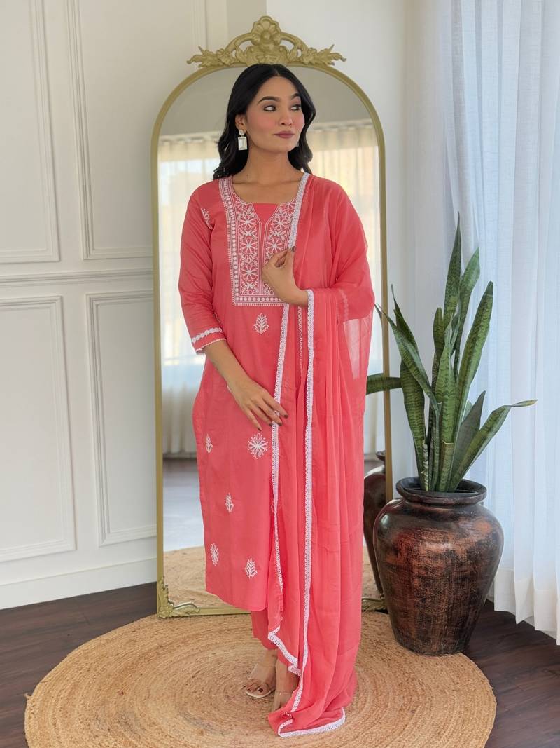 Women's Pure Cotton Fabric Straight Kurta, Pant and Dupatta Set