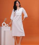 Women cotton flex white handwork 3/4 sleeves dress