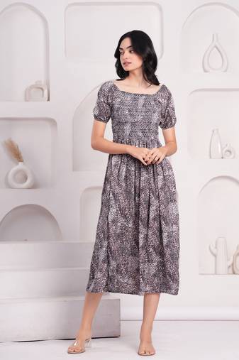 Women crepe fabric blackwhite camouflage print color u neck neck full length half sleevedress