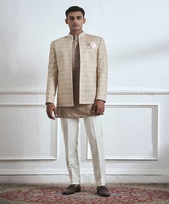 Beige embroidered cotton bandhgala 1