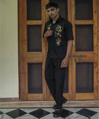 Black embroidered cotton men shirts 4