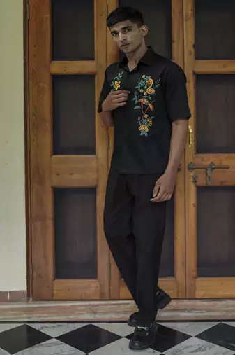 Black embroidered cotton men shirts