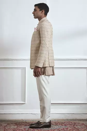 Beige embroidered cotton bandhgala
