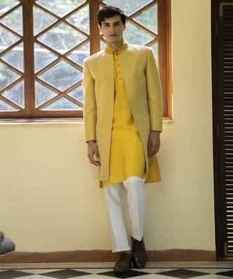 Yellow embroidered cotton silk kurta jacket set 1