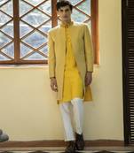 Yellow embroidered cotton silk kurta jacket set