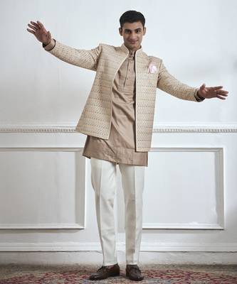 Beige embroidered cotton bandhgala 4