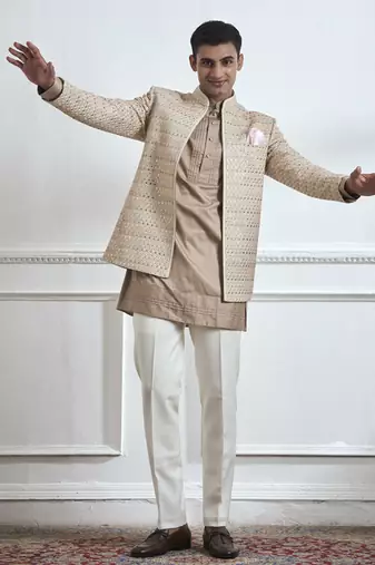 Beige embroidered cotton bandhgala
