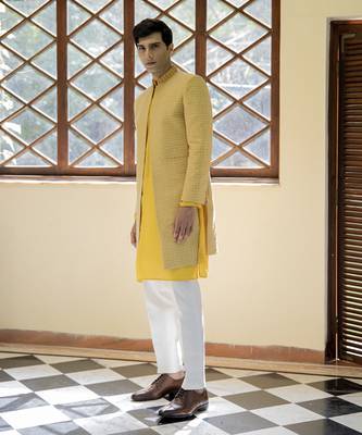 Yellow embroidered cotton silk kurta jacket set 2