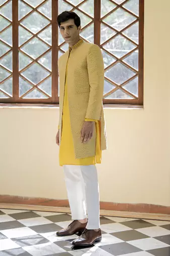 Yellow embroidered cotton silk kurta jacket set
