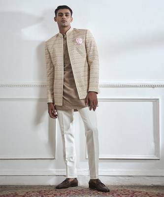 Beige embroidered cotton bandhgala 5