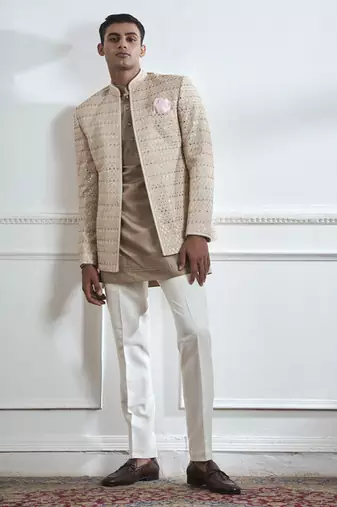 Beige embroidered cotton bandhgala