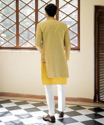 Yellow embroidered cotton silk kurta jacket set 3