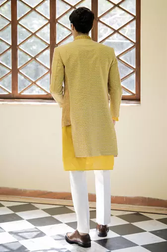 Yellow embroidered cotton silk kurta jacket set