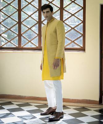 Yellow embroidered cotton silk kurta jacket set 4