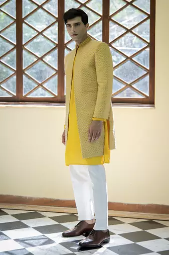 Yellow embroidered cotton silk kurta jacket set