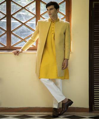 Yellow embroidered cotton silk kurta jacket set 5