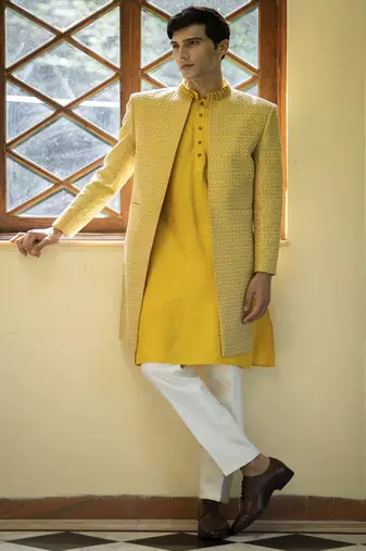 Yellow embroidered cotton silk kurta jacket set