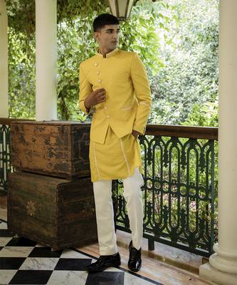 Yellow embroidered cotton silk kurta jacket set 1