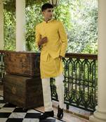 Yellow embroidered cotton silk kurta jacket set