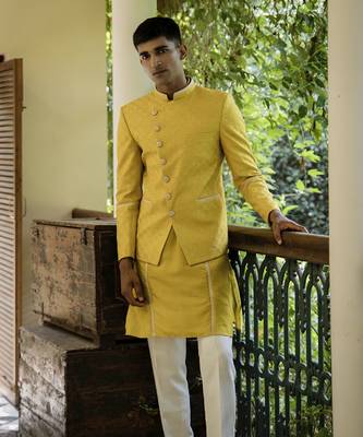 Yellow embroidered cotton silk kurta jacket set 2