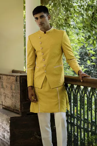 Yellow embroidered cotton silk kurta jacket set