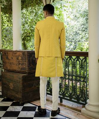 Yellow embroidered cotton silk kurta jacket set 3
