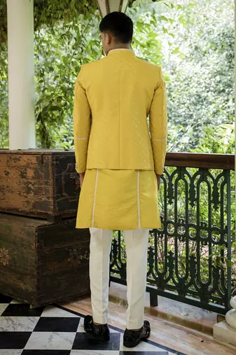 Yellow embroidered cotton silk kurta jacket set
