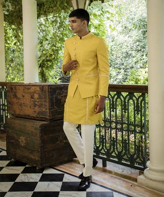 Yellow embroidered cotton silk kurta jacket set 4