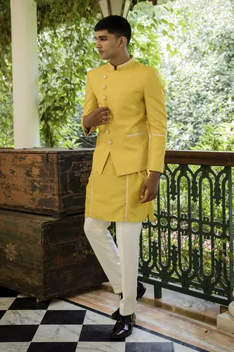 Yellow embroidered cotton silk kurta jacket set