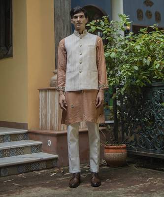 Fawn embroidered cotton silk kurta jacket set 1