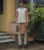Fawn embroidered cotton silk kurta jacket set