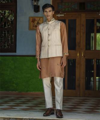Fawn embroidered cotton silk kurta jacket set 2