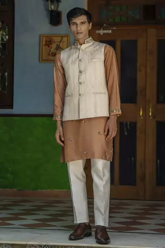 Fawn embroidered cotton silk kurta jacket set