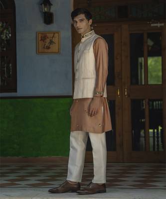 Fawn embroidered cotton silk kurta jacket set 3