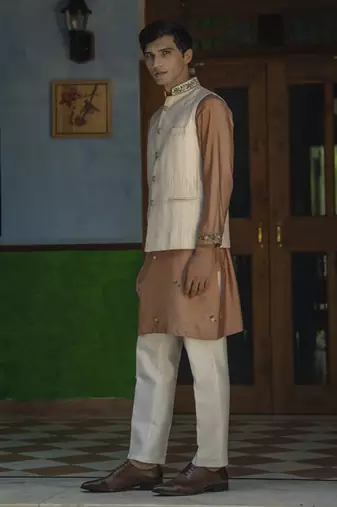 Fawn embroidered cotton silk kurta jacket set